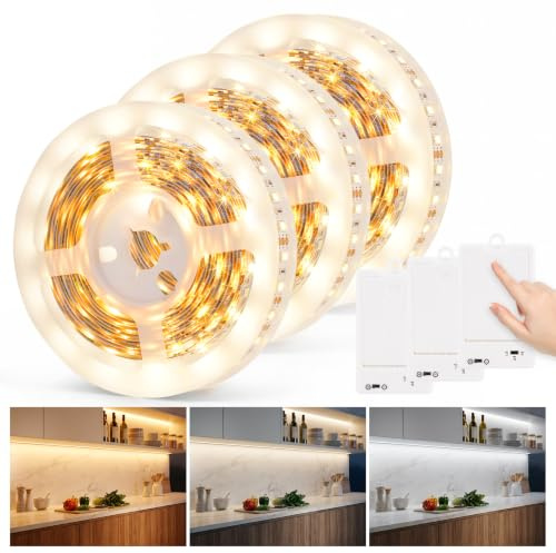 StarryEver LED Streifen Batterie 3 Stück, Warmweiss und Kaltweiß 1M Lichtband LED Selbstklebend mit Druckschalter, LED Leiste Küche, PCB SMD LED Band für TV Schränke Betten Wohnzimmer Waschküche