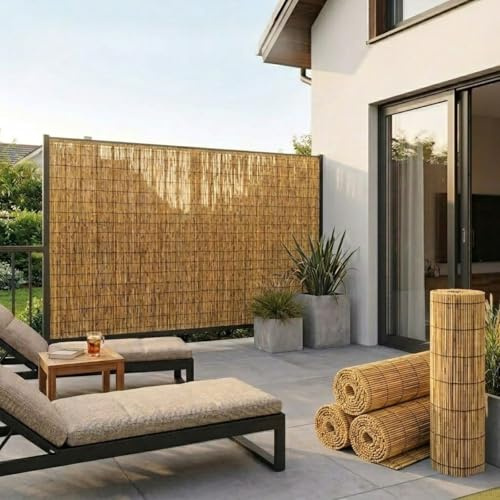 Cañizo de Caña Natural para Ocultación Jardín, Rollo Valla Bambú, Cubre Vallas y Barandilla Balcón, Cerramiento Terraza Exterior, Cercado Jardín, Paneles Ocultación(Marrón,0.61 m H x 4.88 m L)