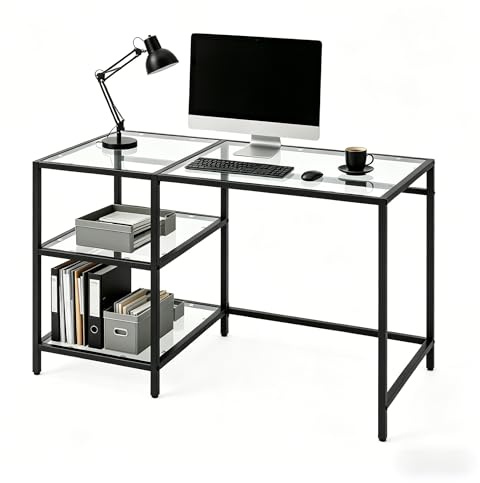 RELAX4LIFE Scrivania in Vetro Temperato, Scrivania per Computer con 2 Ripiani Aperti e Struttura in Metallo, Tavolo Consolle Moderno per Soggiorno, Ufficio e Studio, 106 x 51 x 77,5 cm (Nero)