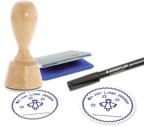 Stempelset Handmade – Holzstempel Ø 40 mm mit Stempelkissen & 100 Aufkleber | 4-teiliges Set: Holzstempel Mit viel Liebe gemacht, blaues Stempelkissen, 100 Aufkleber und Stift zum Beschriften