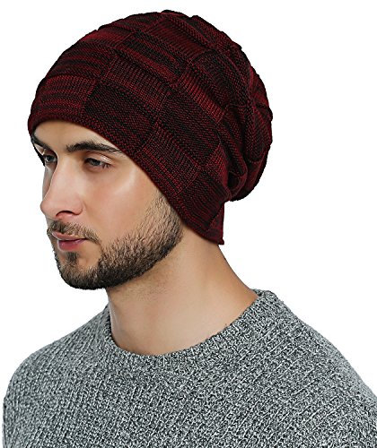 DonDon Mütze Herren Wintermütze Slouch Beanie Strickmütze mit warmen Fleece Innenfutter dunkelrot schwarz