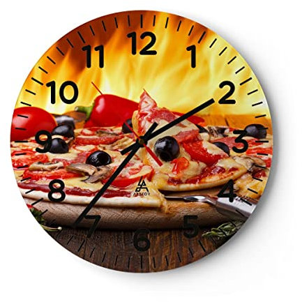 Modern Wanduhr Kuchen Backen Pizza Käse 40x40cm Rund Groß Wand Uhr Glas Analog Zimmeruhren Küche Büro Wohnzimmer Glasuhr Wall Clock Dekoration Design Wanddekoration Küchenuhr C4AR40x40-2406