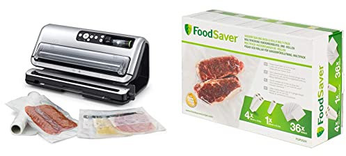 FoodSaver machine sous vide automatisé et professionnel avec compartiment de rangement pour rouleau et cutter, fonction marinade & FGP252X Lot de rouleaux et sacs alimentaires pour emballage sous-vide