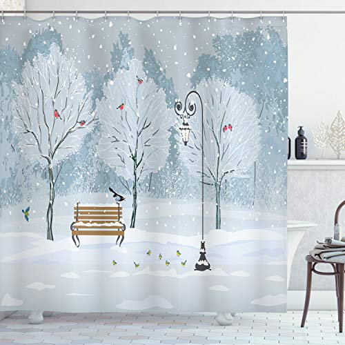 ABAKUHAUS Winter Duschvorhang, Schnee in Park Weihnachtsbaum, Stoffliches Gewebe Badezimmerdekorationsset mit Haken, 175 x 200 cm, Blau Weiss