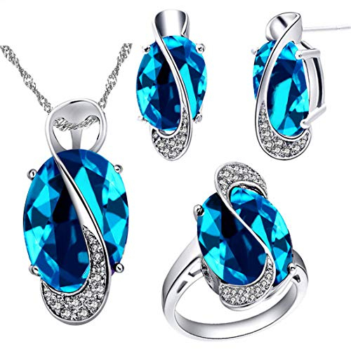 Uloveido Charm Hellblau Erstellt Topaz Mystic Big Oval Kristall Halskette Passende Ohrstecker Ringe Weißes Gold Überzogener Hochzeitsschmuck Set T472