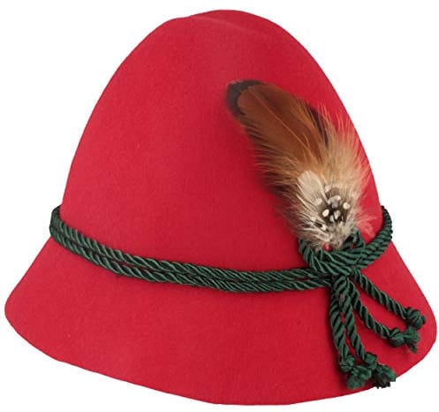 Breiter Original Kinder Stopselhut Filzhut Trachtenhut aus 100% Wolle - mit 2-Fach Seidenkordel & Kleiner Feder für Mädchen & Junge 52 Rot