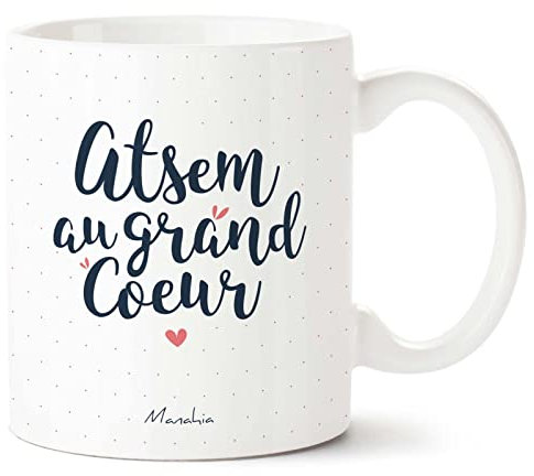 Manahia Mug Cadeau ATSEM - Atsem au grand Coeur - Avec Boite Kraft - 330 mL Céramique - Tasse atsem personnalisée - Imprimé en France - Fin d'Année Scolaire - Tasse Merci