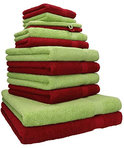 Betz 12-TLG. Handtuch Set Premium 100% Baumwolle 2 Duschtücher 4 Handtücher 2 Gästetücher 2 Seiftücher 2 Waschhandschuhe rubinrot/avocadogrün
