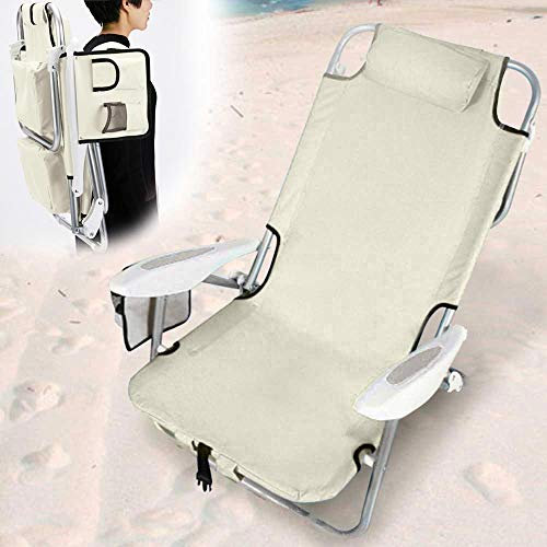 BAKAJI Tragbarer faltbarer Strandstuhl, zusammenklappbar, Gestell aus Aluminium, röhrenförmig, mit Aufbewahrungstasche, integrierter Kühltasche und Schulterriemen (Beige)