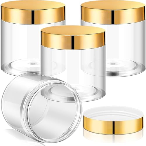 4 Tarros Contenedores Redondos Transparentes de Plástico a Prueba de Fugas de Boca Ancha con Tapas para Viaje Maquillaje Producto de Belleza Crema Facial Aceite Ungüento DIY Limo (2 oz, Oro)