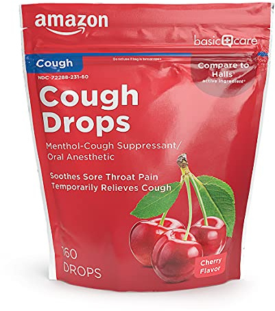 Amazon Basic Care Cherry Menthol Cough Drops for Sore Throat Relief, Soothing Lozenges in Resealable Bag, 160 Count (Previously SoundHealth)