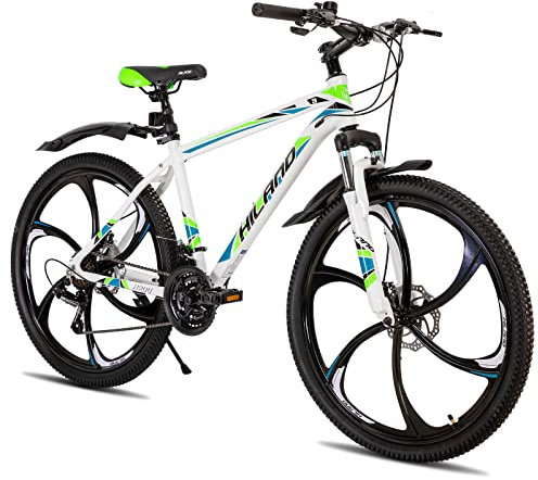 Hiland Mountain Bike, 21 Speeds Drivetrain, 6 Spokes Aluminum Frame 26 Inch Wheels, Disc-Brake Bike for Men Women Men's MTB Bicycle, White