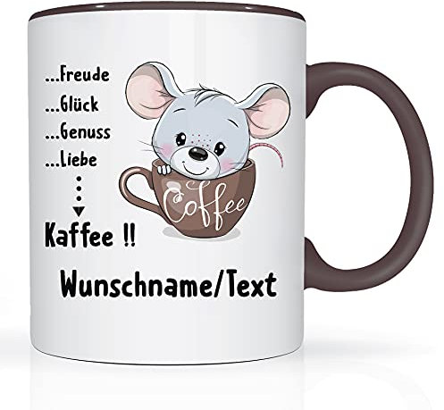 Print-Klex Tasse mit Namen und Kaffee/Maus Motiv Bedruckt Namentasse Namensbecher mit süßem Kaffee-Maus Motiv Geschenktasse Weiß/Schwarz Kaffeebecher Spruchtasse Keramik mit Druck 330ml Tasse mit Text