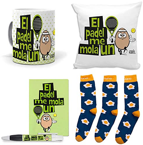 Mega Regalo Personalizado Divertido Padel. El Padel me Mola un Huevo. Taza, cojin, libreta, boli y Trio de Calcetines