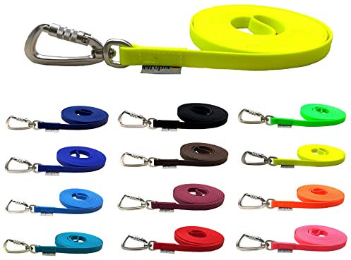 Schleppleine Biothane Hundeleine große Hunde 1m / 2m / 3m / 5m / 10m / 15m Sicherheitshaken (15m MIT Handschlaufe, Neongelb)