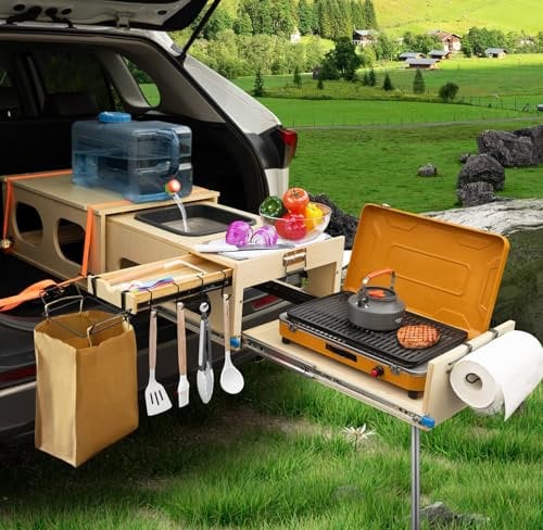 SHIWAGIN Overland Kitchen Slide-Out System - All-in-One Camp Kitchen Box with Sink, Chopping and Cooking - Folding Camping Table for SUV, Truck Bed, Overlanding & Car Camping - Quick 1-Minute Setup