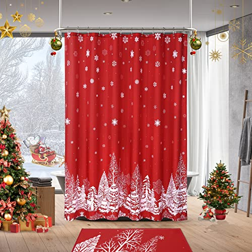 CAROMIO Merry Christmas Duschvorhang, wasserdicht, Frohes neues Jahr, Weihnachtsbaum und Schneemuster, wasserdichte Badezimmer-Badevorhänge, 90 x 180 cm, Rot