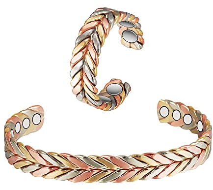 MagCopper Handgefertigtes magnetisches Kupfer-Armband/Ring-Schmuck-Set für Frauen oder Männer, dreifarbiger geflochtener Kupferschmuck, Armreif/Ring aus reinem Kupfer