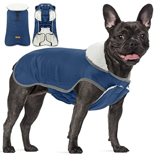 Winddichter Reflektierender Wintermantel für Kleine Mittelgroße Hunde im Freien, Hundemantel Französische Bulldogge, Wasserdichter Schneeanzug Hundekleidung Outfit Weste, Navy L