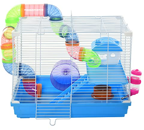 PawHut Cage pour Rongeur Hamster 2 Niveaux avec Tunnel, Bouteille d'eau, Roues, Maison, échelle dim. 46L x 30l x 37H cm
