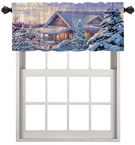 BaoNews Weihnachts-Winter-Küchenvolant für Fenster, Winterlandschaft mit Weihnachts-Tannenbaum, Verdunkelungsvolants, mehrschichtig, Polyester-Vorhänge für Küche, Schlafzimmer, 1 Packung, 132 x 45 cm