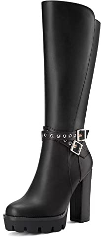 Castamere Donna Chunky Blocco Alto High Tacco Heel Chiusa Rotonda Punta Metà polpaccio Cerniera Fibbia Ufficio Classico Stivali Nero 38 EU