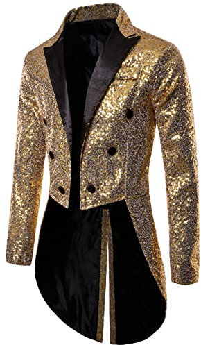 Dubute Smokingjacke Herren Schwalbenschwanz Glänzende Pailletten Blazer Anzug Jacke Slim Fit Party Magic Show Frack Cosplay Kleid Blazer Mäntel, goldfarben, 48