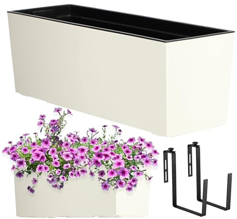 KADAX Blumenkasten aus Kunststoff, 18,5x56 cm, Pflanzkasten mit Einsatz, wetterfester Balkonkasten, rechteckiger Blumentopf, Blumenkübel Outdoor (Mit Halterungen, Glattemuster, Creme)