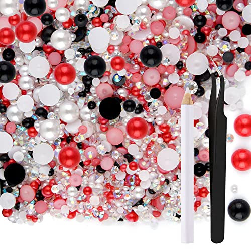 ASTARON 50g Mix Halbperlen und Glitzersteine für Kunsthandwerk, 3mm-10mm FlatBack Perlen und Strasssteine für Gesicht Nagel DIY Becher Becher Kunst Schuhe Kleidung (Rot Schwarz Serie)