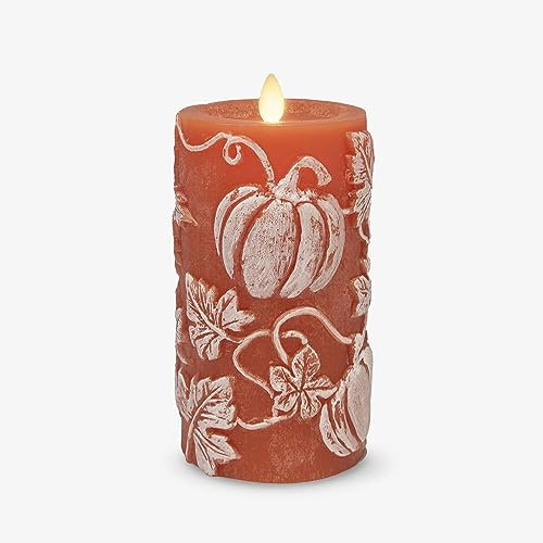 Luminara Embossed Leaves and Pumpkins Moving Flame Pillar Candle 3.25 x 6.5 - LED Battery Operated Candle Lights - Recessed Top - Real Wax - Remote Ready (Sold Separately)