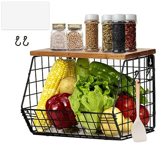 Paniers Suspendus de Fruits Avec Couvercle en Bois, Organiseur de Cuisine, Paniers de Fruits et Légumes de Comptoir de Cuisine, Porte - pain Snack à Oignons et Pommes de Terre, 30 x 26,5 x 21,5 cm