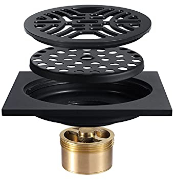 4 runder Dusch-Bodenablauf, Messing-Bodenablauf-Musterrost abnehmbar, Haarsieb, for Badezimmer, Küche, Hotel, Mattschwarz