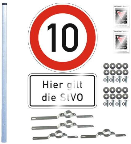 TMS PRO SHOP Komplett-Set 10kmh: 10kmh-Schild, Hier gilt die StVO, 3m Einbetonier-Pfosten, Art.-Nr. 607311