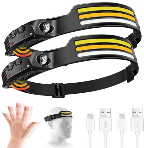 Stirnlampe LED Wiederaufladbar, 2000 Lumens Superhell 230°Weitwinkel 3*LED Weiß Licht Sensor Kopflampe, IPX5 Wasserdicht 0.14lb Leichtgewichtig Stirnlampen Perfekt zum Camping,Joggen,Wandern,Angeln