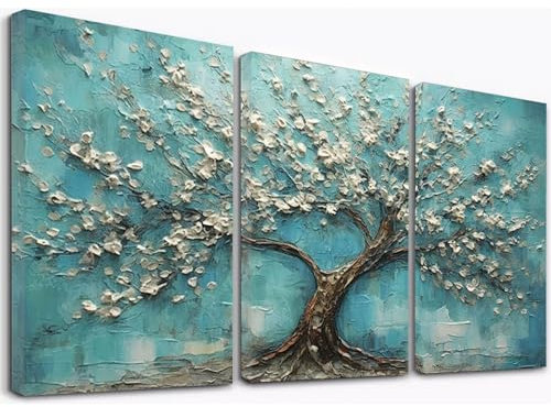JOSUE 3 Pcs Arbre De La Vie Tableau Chambre En Toile,Arbre Porte-Bonheur Bleu blanc Tableau de décoration murale pour galerie salon à coucher salle de bain -50x70cm Encadrée