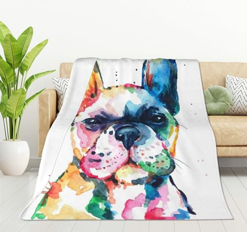 HGOD DESIGNS Aquarell Französische Bulldogge Flanell Fleece Bettdecke Lustige Tier Niedlich Schöne Haustier Überwurfdecke Leichte Gemütliche Plüschdecke für Schlafzimmer Wohnzimmer Sofa Couch 130 x