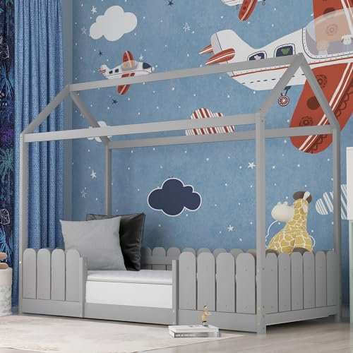 Aunvla Hausbett 90x200 cm - vielseitiges Holz Kinderbett für Jungen & Mädchen - Mit Rausfallschutz und Lattenrost – Grau (Ohne Matratze)