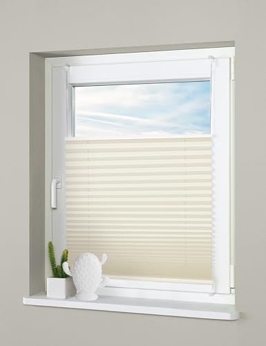 Deco4Me Premium Plissee ohne Bohren (Creme, 90 x 210 cm) - Blickdicht, ohne Verdunkelung, mit Klemmfix Halterung zum Kleben & Klemmen - Sichtschutz & Sonnenschutz für Balkon