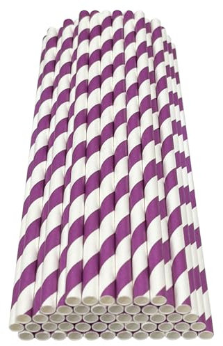 Haobase Lot de 50 pailles en papier biodégradables pour boire, cocktail, café, boissons froides, motif à rayures, blanc/violet