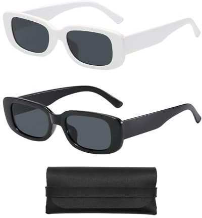 COACOM 2 Stück Quadratische Sonnenbrille Mit 1 Brillentasche, Y2k-Sonnenbrille, Rechteckige Schutzbrille, Modische Retro-Sonnenbrille Für Damen Und Herren (Schwarz, Weiß)