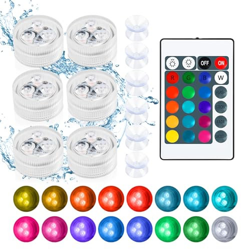 Multicolor LED Iluminación Estanque, 4 Modos 16 Colores, 6pcs Mini Luces de Té LED Sumergibles, Sumergible Luces Luz, Impermeable IP68, con Mando a Distancia y 6 Ventosas, para Acuario Piscina Jardín