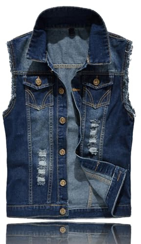 Kelmon Men's Denim Jacket Vest for Vintage Ripped Jeans Vest Sleeveless Jacket Jeans Outerwear, #201 Blue, XS
