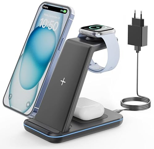 GEEKERA Wireless Charger, 3 in 1 Induktive Ladestation für iPhone 16/15/14/13/12/11/Pro Max, Ladestation für Apple Watch Ultra/10/9/8/7/6/5/4/3/2/SE, Kabelloses Ladegerät für AirPods Pro/4/3/2-Schwarz
