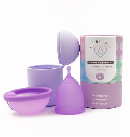 BlissMia Reusable Menstrual Cup & Disc Set – Soft, Toxin-Free, Medical-Grade Silicone, 12-Hour Leak Protection, Easy Removal Pull-Tab, Includes Sterilizer Case – Safe, Hypoallergenic & Comfortable
