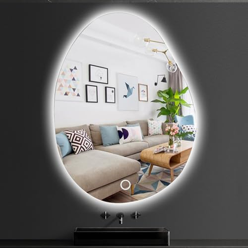 Unregelmäßiger Rahmenloser Spiegel, LED-beleuchteter Spiegel, Badezimmerspiegel Mit Lichtern, Asymmetrischer Dekorativer Wandspiegel, HD, Drei Farben Stufenlos Dimmbar, Smart-Touch-Taste ( Color : A ,