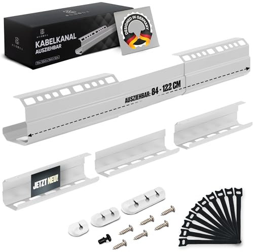 Kabelkanal für Schreibtische - Kabelhalterung ausziehbar 84 bis 122 cm - Effizientes Kabelmanagement - Komplett Set mit Gratis Zubehör - Einfache Montage - weiß