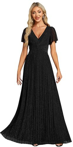 Ever-Pretty Kleid Elegant Damen Festlich Lang Ballkleid Maxi Hell Abendkleider Elegant für Hochzeit A Line Kurze Ärmel Schwarz 46