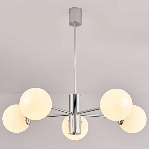 TRIVIDHA Kronleuchter mit Kugeln, aus weißem Glas, aus der Mitte des Jahrhunderts, Hängeleuchte, verchromt, für Kücheninsel, Hängeleuchte, höhenverstellbar, für Schlafzimmer, Wohnzimmer, Bauernhof