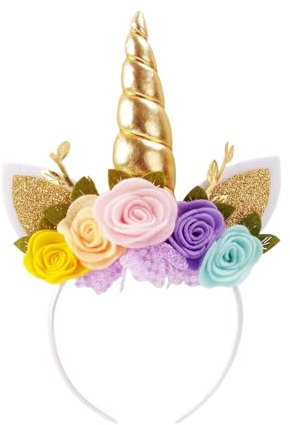 Nishine Einhorn Stirnband Vlies Blumen Katzenohren Pony Stirnbänder Glitzer Hupe für Rollenspiele Einhorn Partei Zubehör(Gold,rosa)
