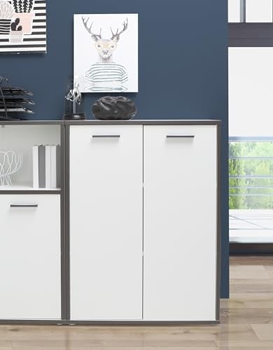 Forte KEFLAVIK Schrank 80 90, moderner Schrank mit 2 Türen, Mehrzweckschrank, Holzwerkstoff, Weiß/Uni Wolfram Grau Holzdekor, 84,5 cm breit x 115,1 cm hoch x 41,5 cm tief